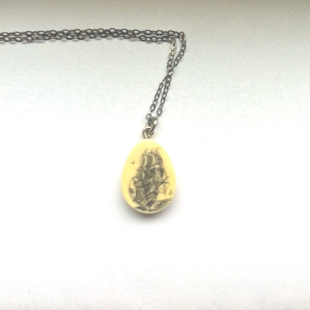 Ship Scrimshaw Ivory small pendant necklace.